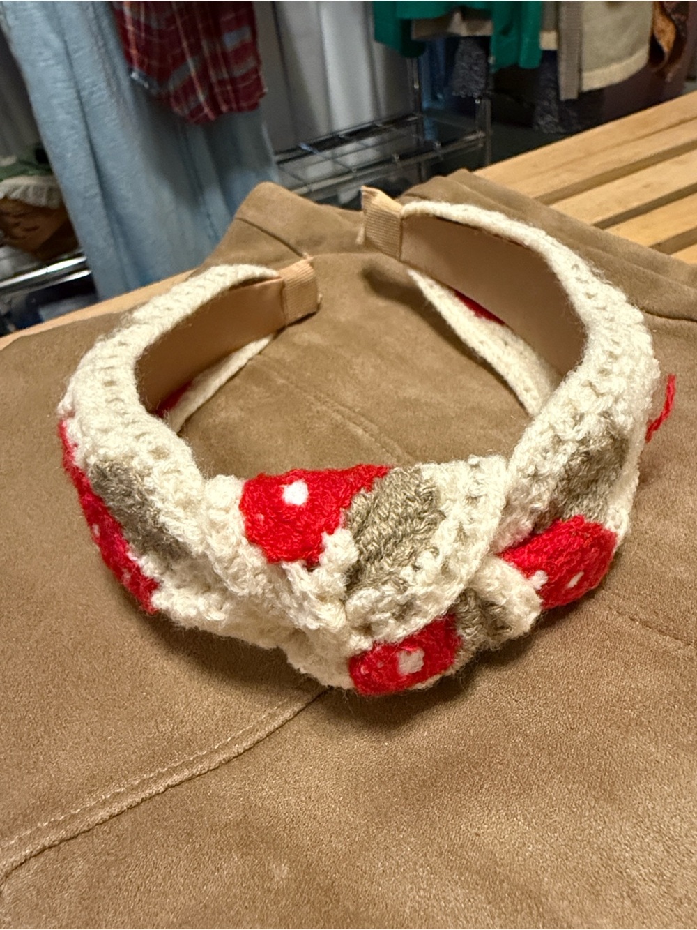 Cream Knit Headband with Red Floral Accents